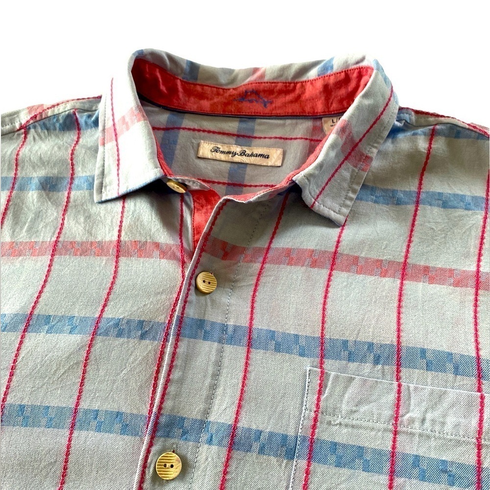 Tommy Bahama 100% Silk Newcastle Plaid Button Down Shirt with Painted Buttons.Lg